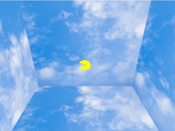 Using p5 code, Pac-Man is controlled in a 3D environment using directional key inputs on the MakeyMakey.